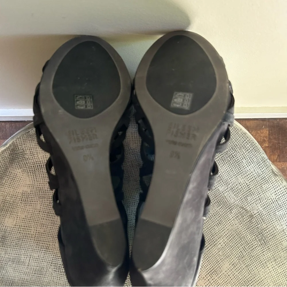 Eileen Fisher ~Black Cage Open Toe Italian Leather Nubuck Wedges Shoes size 9.5